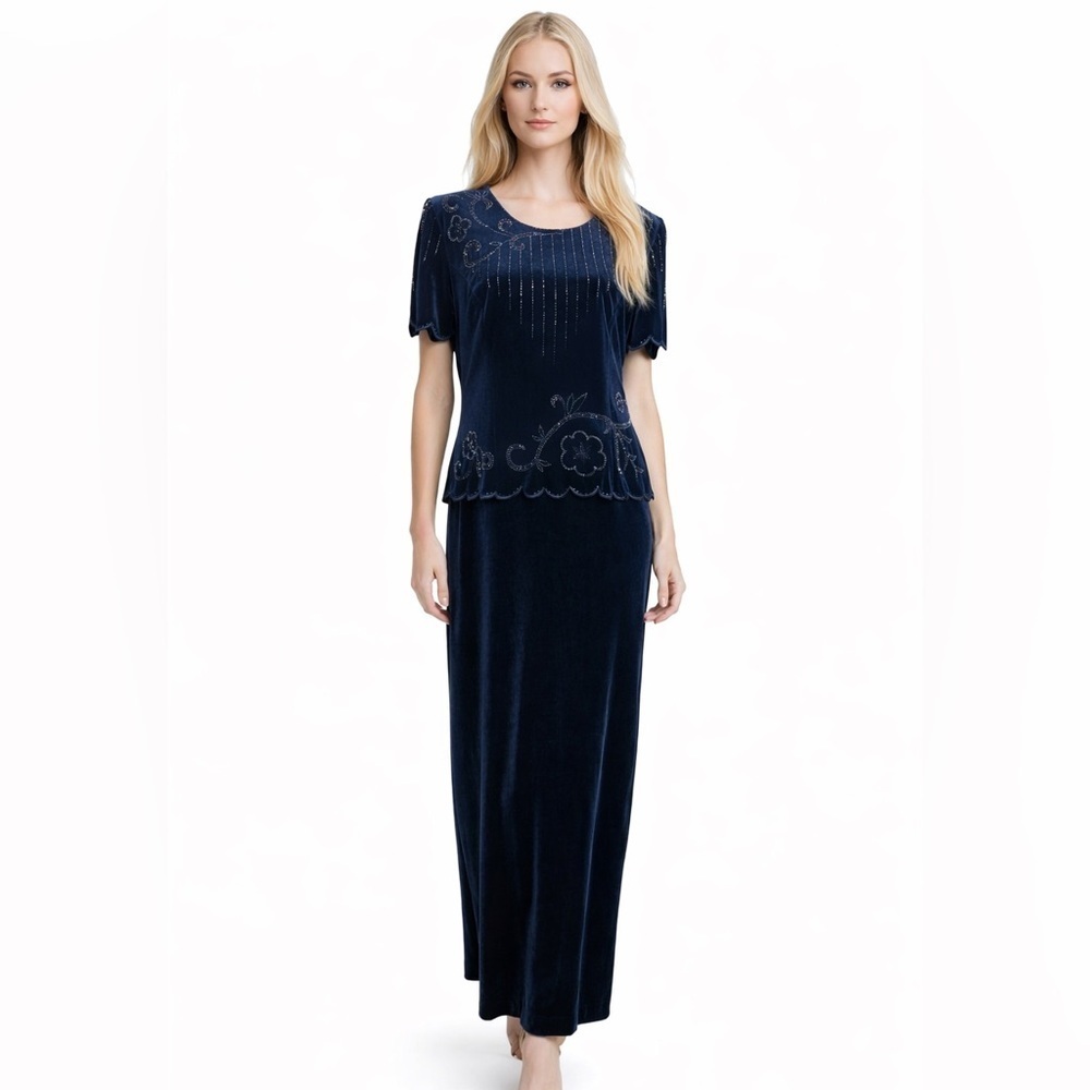 R&M Richards Blue Velvet Dress  Beaded Short Sleeve Back Slit Lined Size 12